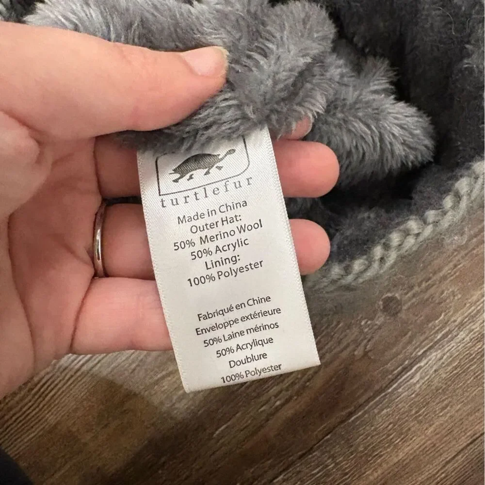 Turtle Fur Millie Marino Wool Pom Chunky Hand Knit Gray Asymmetrical Cables Hat